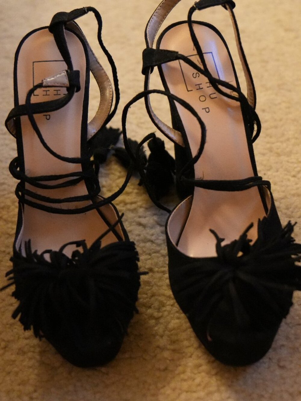 SHU SHOP Black Suede Fringe Tassel Platform Stiletto Heels Lace Up Size 8